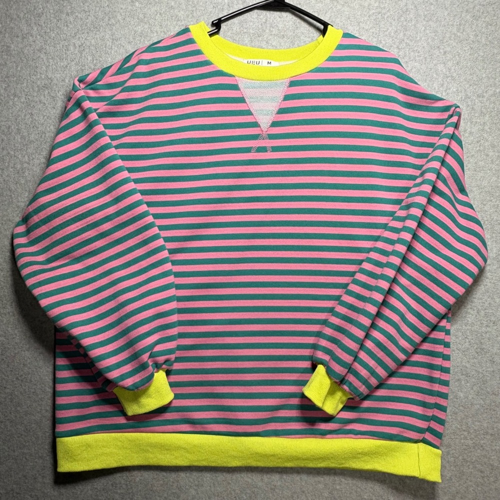 UEU Striped Crewneck Sweatshirt Pink Green Neon Yellow Retro Pullover Medium